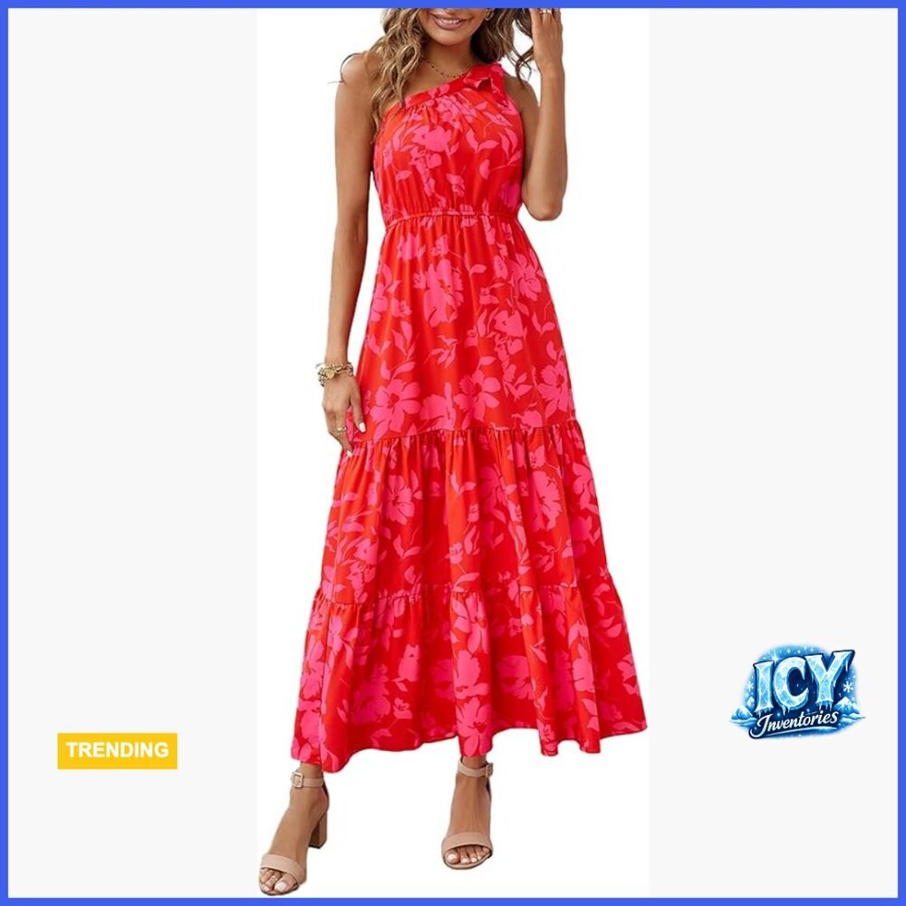 One Shoulder Maxi Dress with Knot Ruffle, Lightweight Polyester, Boho Beach